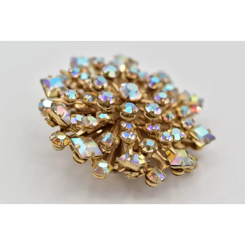Vintage Crystal Starburst Flower Pin Brooch Aurora Borealis Rhinestone 60s BinBI